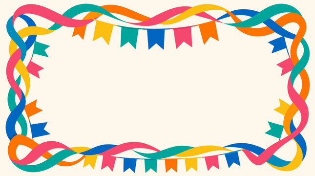Colorful festive border frame with intertwined ribbons and hanging pennant flags, vector illustration with blank center for party invitations, celebration banners, events, and cheerful designs