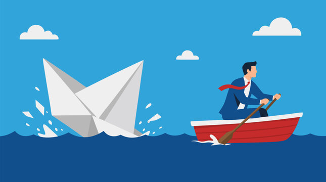 Determined businessman rowing a red lifeboat away from a sinking paper ship on blue ocean, bold vector metaphor for crisis escape, risk management, leadership, resilience and career change