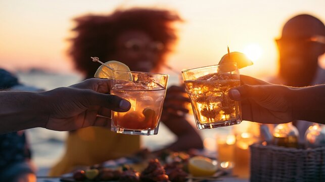 Friends toasting with cocktails at sunset on a beach party, celebrating a summer vacation