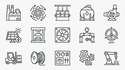 Fototapeta premium Industrial Black and White Line Icons Set Showcasing Manufacturing Energy Automation and Machinery Equipment
