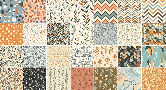Colorful Geometric and Botanical Pattern Swatches Arranged in Decorative Grid