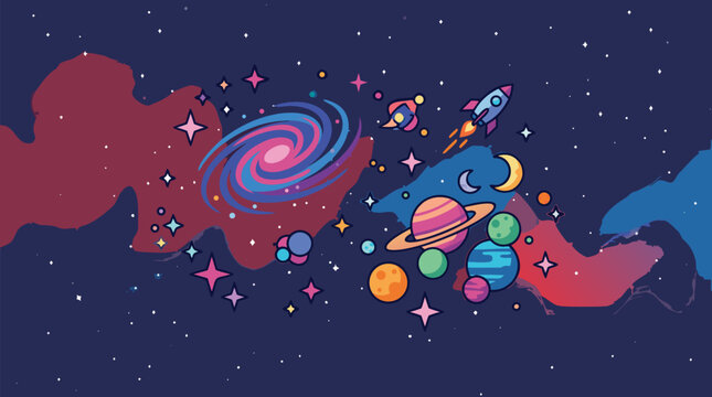Whimsical cosmic starfield vector background with glowing spiral galaxy, colorful planets, playful rocket, crescent moons, sparkling constellations and soft red blue nebula washes in deep space