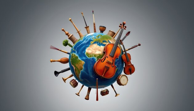 The image features a miniature depiction of the Earth with various musical instruments arranged around its surface, creating a sense of global unity through music