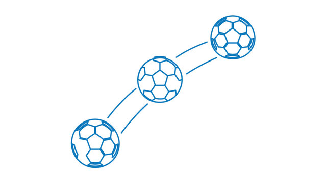 Bouncing soccer balls vector illustration with motion trajectory line blue outline icon showing football movement path dynamic action minimalist sports graphic scalable design
