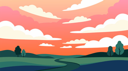Fototapeta premium Dreamy minimal sunset sky with fluffy white clouds drifting over quiet hills and winding river, warm pink and orange atmosphere for peaceful landscape background vector illustration