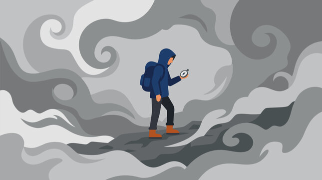 Lost traveler holding a compass in swirling gray fog, dramatic vector scene of uncertainty, confusion, navigation challenge and solitary search for direction on a misty mountain path with moody clouds