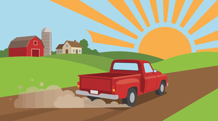 Pickup Truck Departing the Farm at Sunrise © Bima