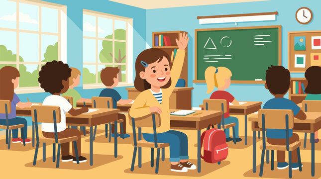 Enthusiastic young girl raising hand eagerly in bright sunny classroom filled with diverse students, wooden desks, chalkboard with shapes, and large windows showing green trees outside.