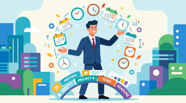 Busy business manager juggling floating clocks, calendars and task labels in a modern city, illustrating time management, project planning, multitasking productivity and deadline strategy vector art
