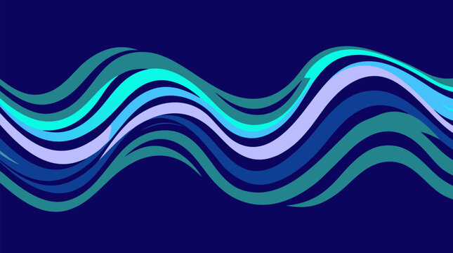 Flowing abstract wavy line bands ripple smoothly across a deep indigo background, layered cyan, teal and lavender curves creating modern dynamic vector graphic design for wallpaper backdrops