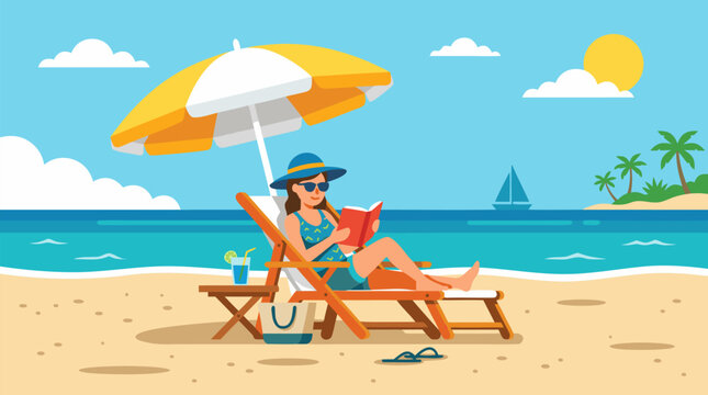 Relaxed beach vacation reader lounging under a yellow umbrella with ocean waves, sailboat, tropical island, drink and sunshine in cheerful vector summer leisure illustration scene art