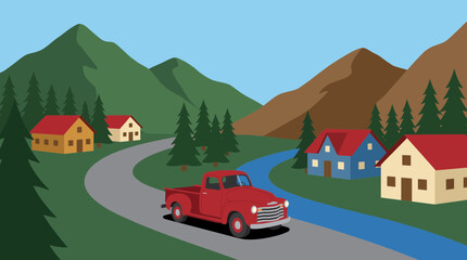Pickup Truck Winding Through the Mountain Village Road © Bima