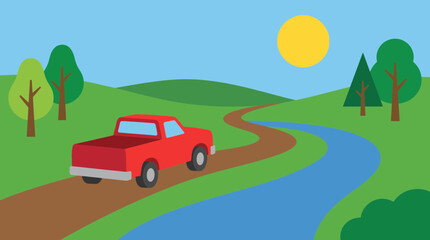 Pickup Truck Driving Along the Riverside Countryside Path © Bima