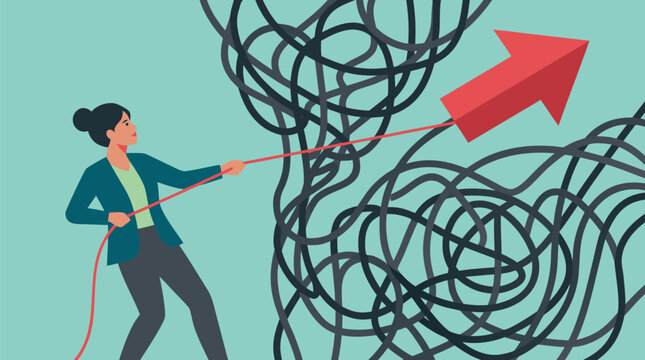 Determined businesswoman steering a red arrow kite through tangled wires, vector concept of strategy, problem solving, leadership, innovation, growth, and navigating complex challenges