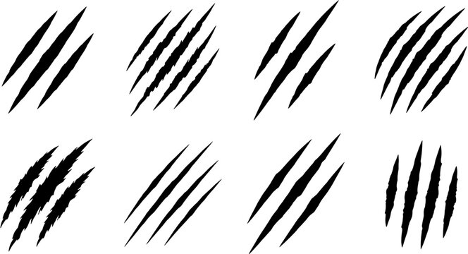 Claw mark icon set in a black silhouette style including slash, scratch, rip and tear shapes. Editable vector illustration isolated on white background.
