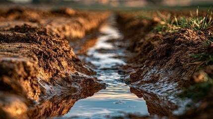 Obraz premium Freshly dug irrigation ditch with moist soil banks in farmland.