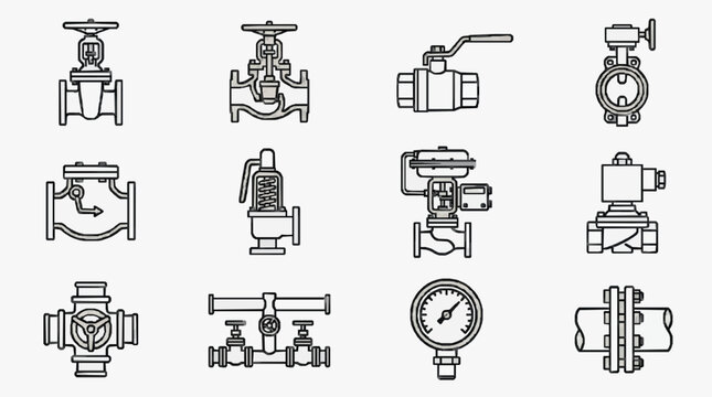 Creative Black and White Line Drawing Set of Various Industrial Valves and Gauges for Technical Illustrations or Engineering Projects