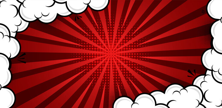 Retro comic book background with red rays and white clouds, perfect for graphic design and pop art projects