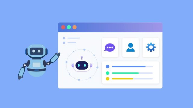 Modern flat vector animation of an AI assistant control dashboard with chatbot interface, user management, system settings, and performance monitoring. Ideal for artificial intelligence, automation, S