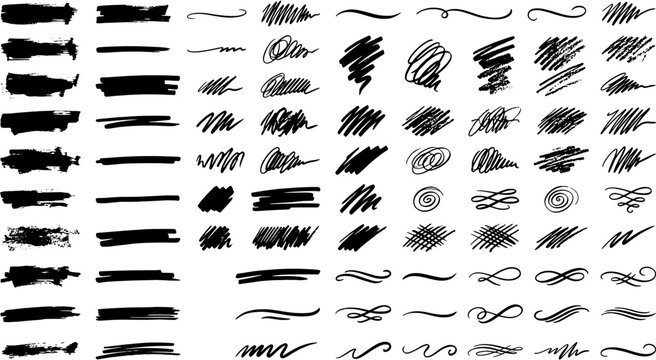 Set of black ink brush strokes and decorative flourishes in a hand-drawn style including scribble lines, textured highlights and calligraphy scrolls.