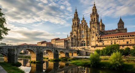 Fototapeta premium Historic Stone Cathedral and Arched Bridge Reflected in Calm River at Sunset