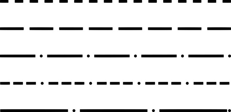 Dashed and dotted line set. Collection of different border styles including dash, dot, and long hyphen strokes for graphic design.