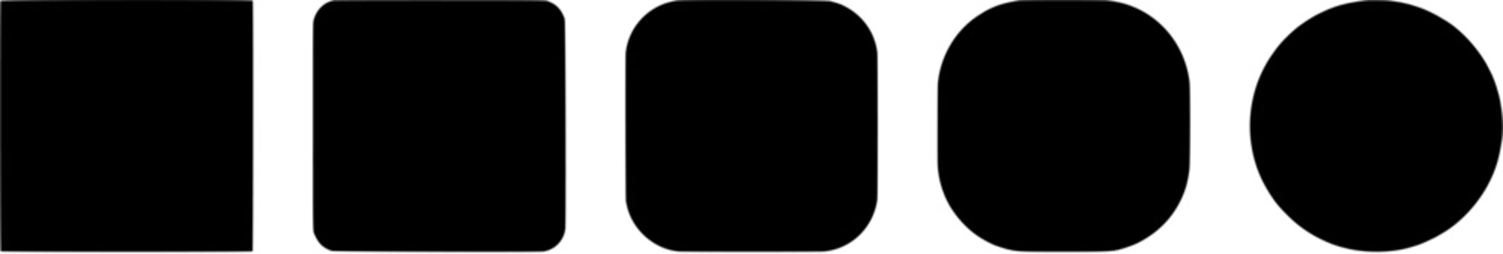Shape corner radius icon set in a flat black silhouette style including square, rounded square and circle symbols. Editable vector illustration on white background.
