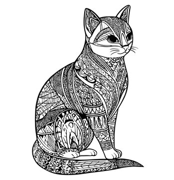 A Cat With Zentangle Mandala Animal Coloring Page Vector