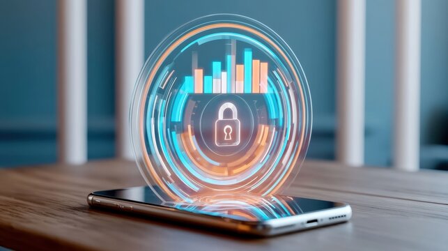 Futuristic digital security concept with holographic lock and data chart projection above smartphone on wooden table in modern environment