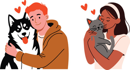 Happy owners hugging husky dog and cat, loving domestic pets flat vector graphic illustration concept © Kaiyum