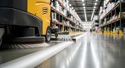 Fototapeta premium Yellow Industrial Floor Scrubber Cleaning Polished Concrete Aisle in Large Warehouse
