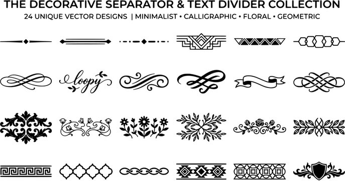 Decorative separator and text divider icon set including floral, calligraphic, geometric and minimalist styles. Editable vector illustration of 24 ornamental line art elements on.