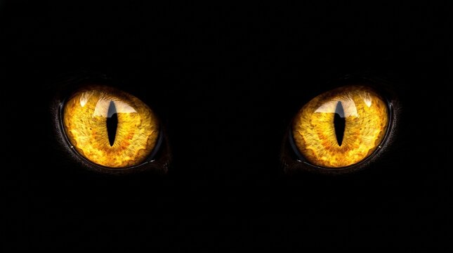 Intense golden eyes of a predator glowing in the deep darkness of the night with staring directly forward