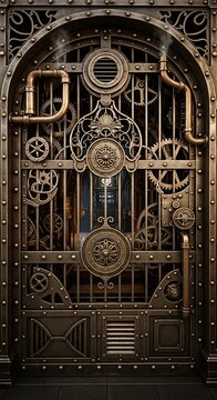 Ornate Steampunk Metal Door Standing Closed in Industrial Interior