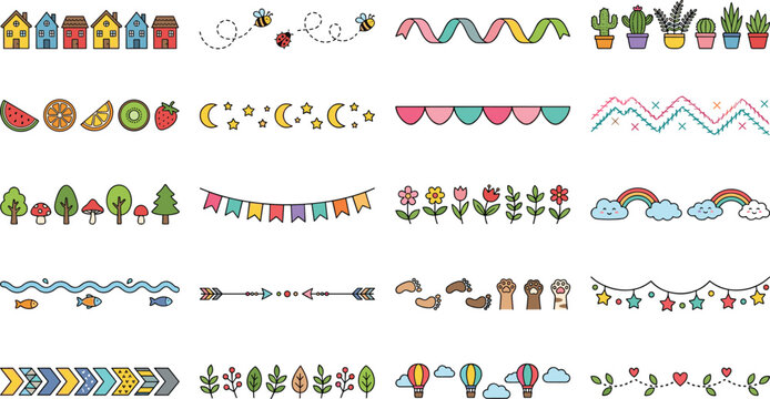Collection of cute doodle border dividers and seamless ribbon brushes featuring colorful houses fruits flowers stars rainbows bunting garlands and succulents isolated on white background