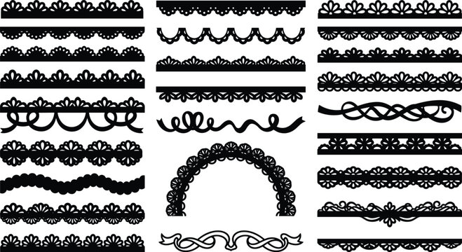 Collection of decorative black lace trims and ornamental border ribbons featuring scalloped edges wave lines filigree patterns and floral eyelet stencils isolated on white background