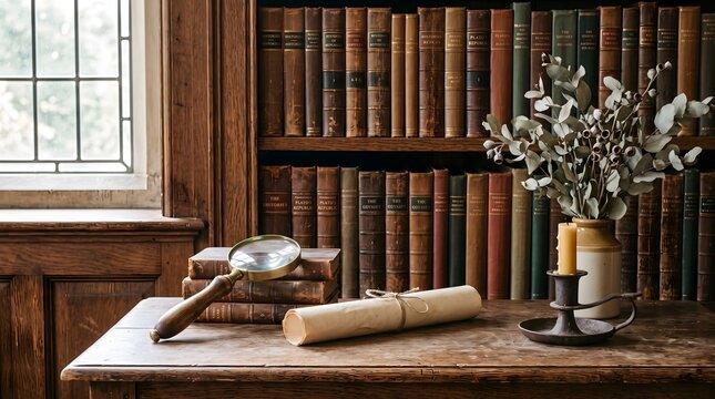 Vintage library desk with old books, magnifying glass and scroll