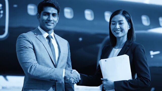 Businessman and Businesswoman Shaking Hands in Front of Private Jet
