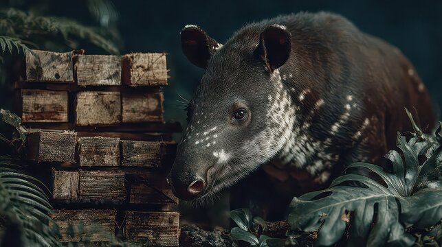 A Close-Up of a Tapir Amongst Tropical Foliage and Wooden Logs