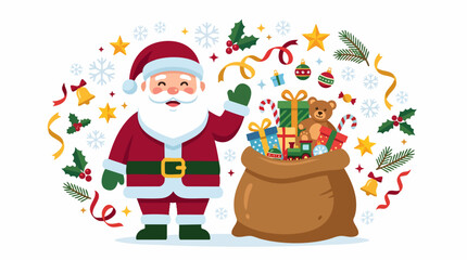 Fototapeta premium Cheerful Santa Claus with gift bag vector illustration, cartoon Father Christmas with sack of toys, festive holiday greeting card design