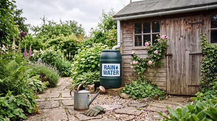 Obraz premium A green rain barrel labeled 