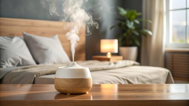 Aromatherapy oil diffuser with mist on a wooden bedside table in a bedroom humidifier