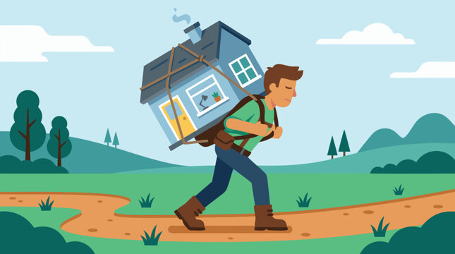 Overworked man hauling a tiny office building strapped to his back along a winding path, surreal business burden, career pressure, debt stress and work life imbalance vector illustration