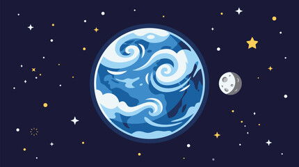 Naklejka premium Majestic distant blue planet featuring intricate swirling white clouds suspended in deep starry space beside a small cratered moon with golden stars and cosmic dust creating a serene celestial