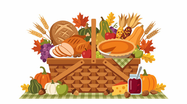 Thanksgiving harvest picnic basket vector, autumn food hamper with roasted turkey and pumpkin pie, fall season feast illustration on white background
