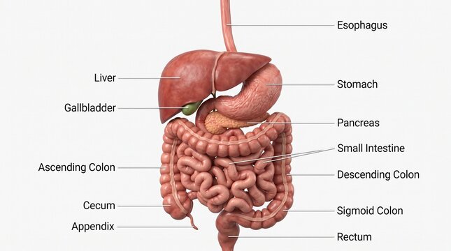 Detailed anatomical illustration of the human digestive system with labeled internal organs and gastrointestinal tract