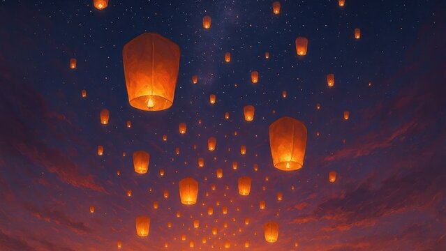 Floating lanterns illuminate night sky wallpaper
