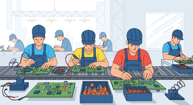 Factory workers assembling electronic circuit boards on a conveyor belt production line vector illustration.
