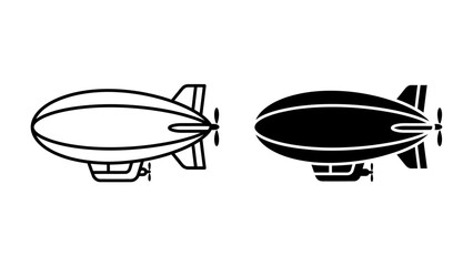 Blimp Icon Set: Two distinct representations of an airship, one outlined in black and the other a solid silhouette, showcase the iconic design of a blimp. © Nadim