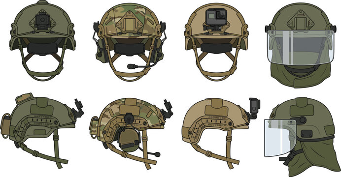 Collection of military tactical ballistic helmets vector illustrations featuring tactical gear including camo patterns action camera nvgs mounts and riot face shields isolated on white background